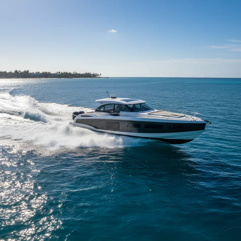 Bateau moderne glissant sur l'eau au large de la côte atlantique